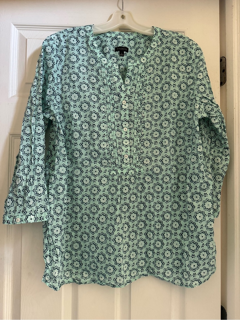 Talbots Mint Green and Navy Printed Popover Blouse